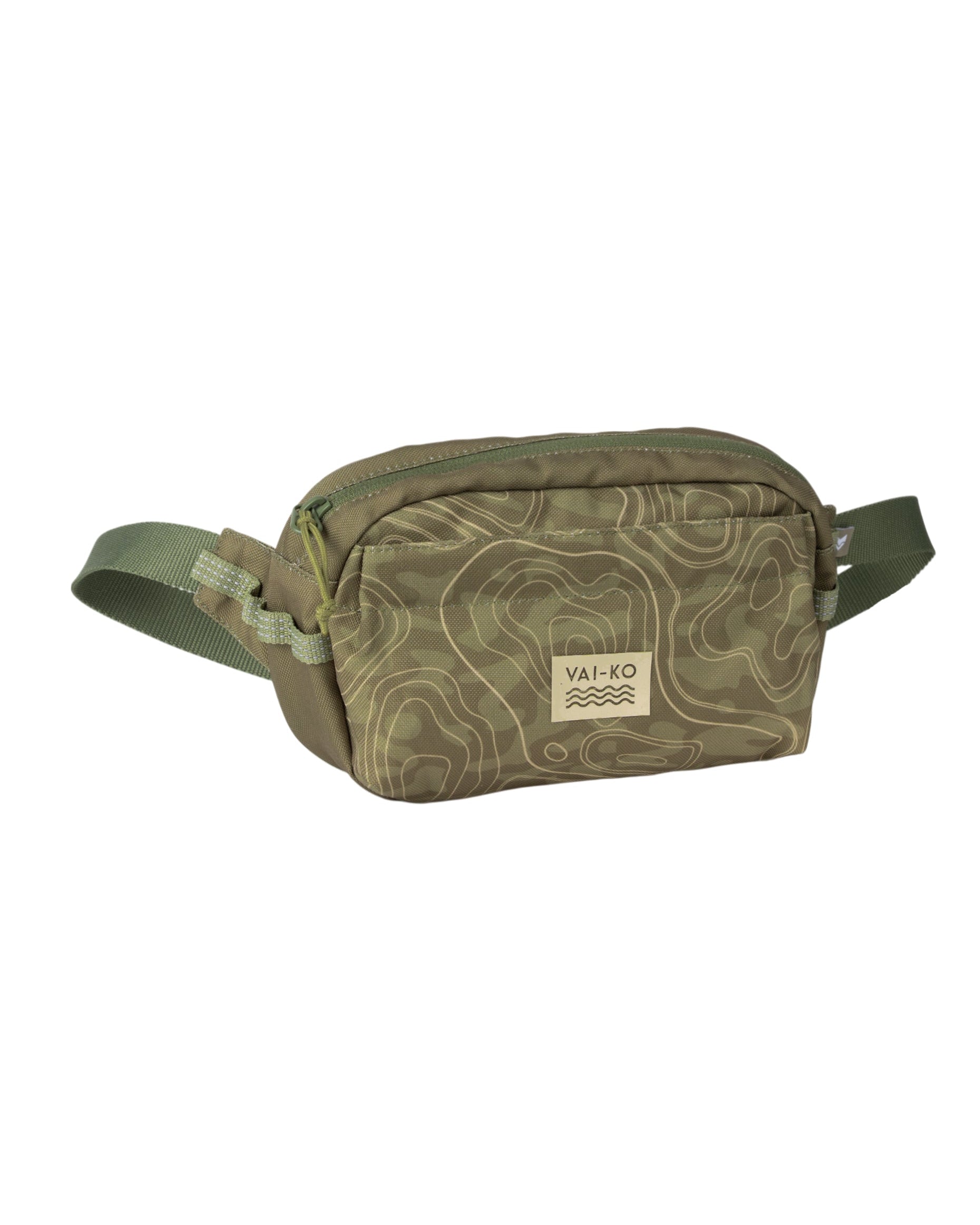 Green patterned waist bag with a topographic map design and an adjustable strap, labeled VAI-KO.