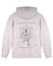 Gray hoodie with a bear in sunglasses riding a ski lift, surrounded by trees. Text: Bear with the view & enjoy the ride..