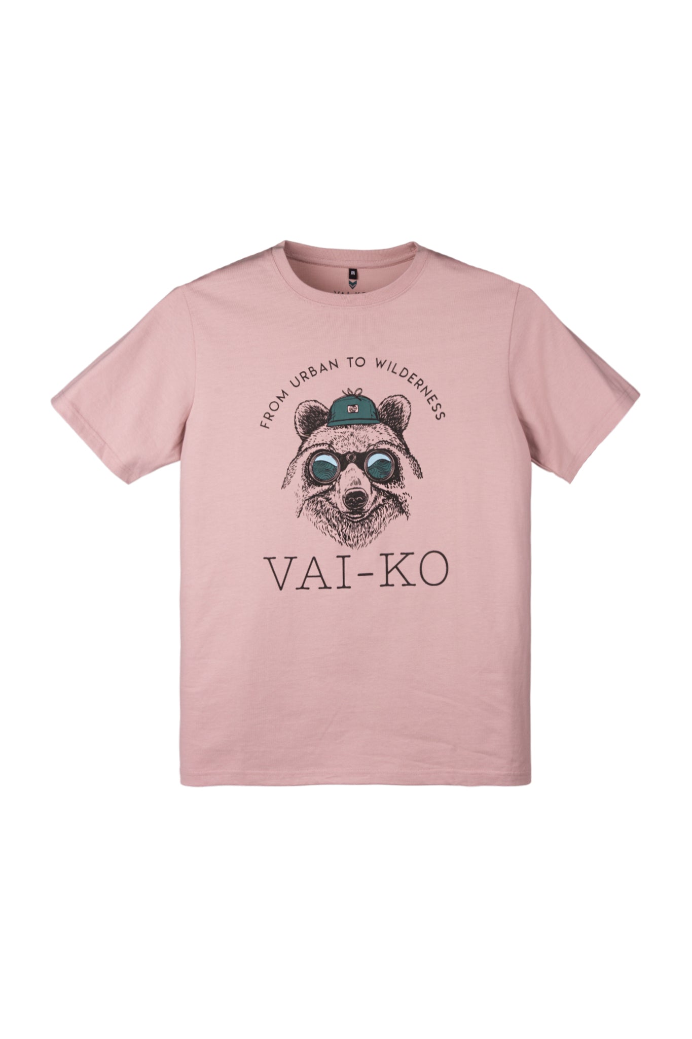 Pink t-shirt with a raccoon wearing glasses and a hat, and the text FROM URBAN TO WILDERNESS VAI-KO.