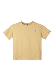 Beige short-sleeve t-shirt with a small graphic of a dog wearing sunglasses on the left chest.