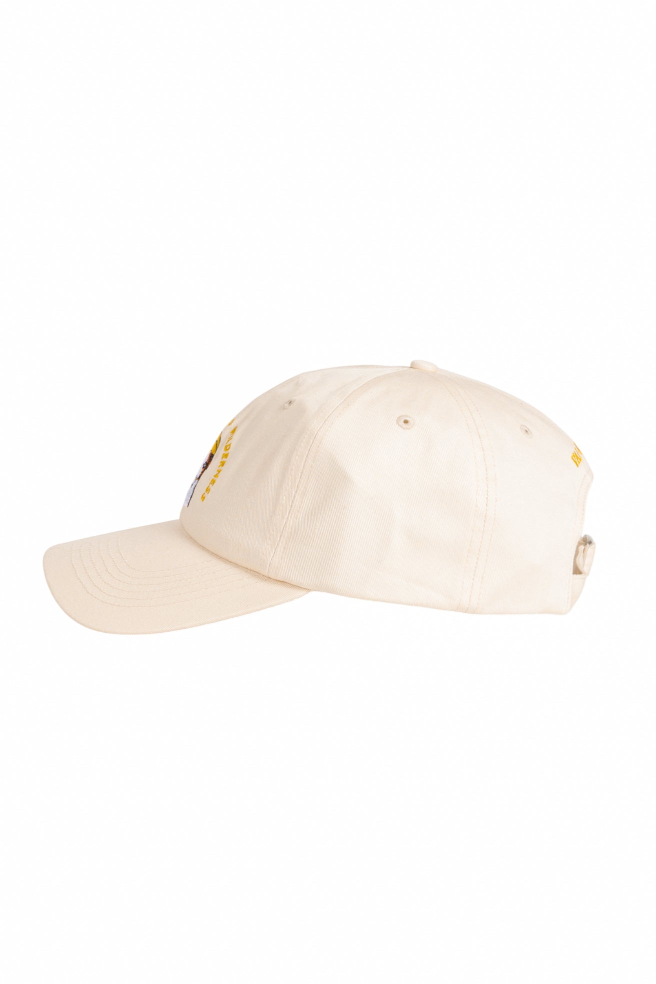 Beige baseball cap with a curved brim, shown from the side against a white background.