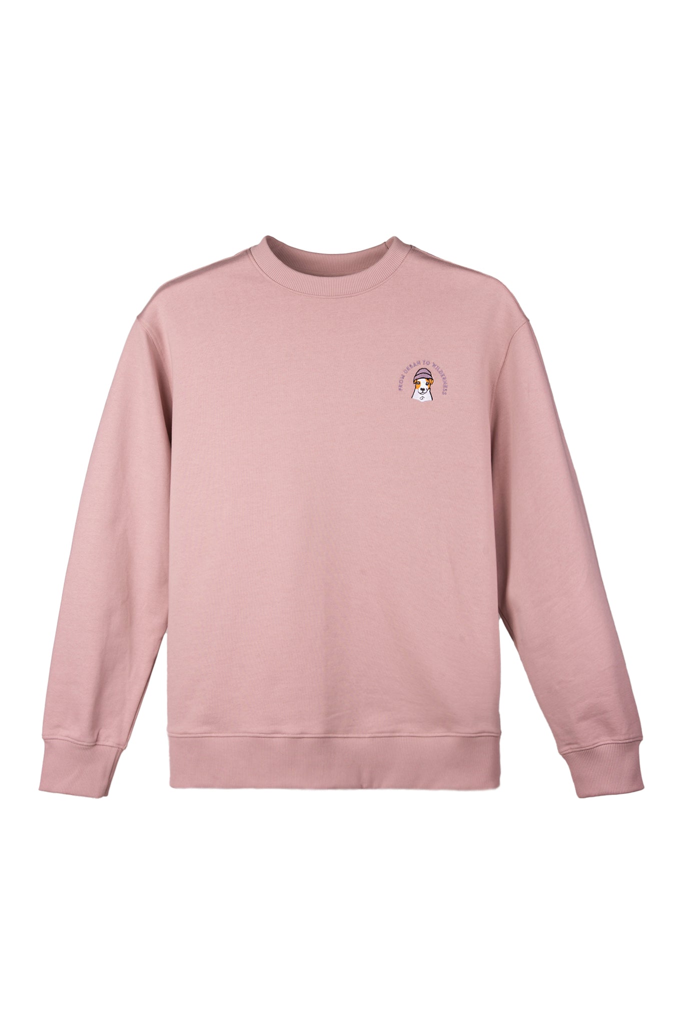Light pink crewneck sweatshirt with a small, colorful embroidered design on the left chest.