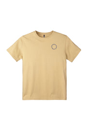 Beige short-sleeve t-shirt with a small circular logo on the upper left chest.