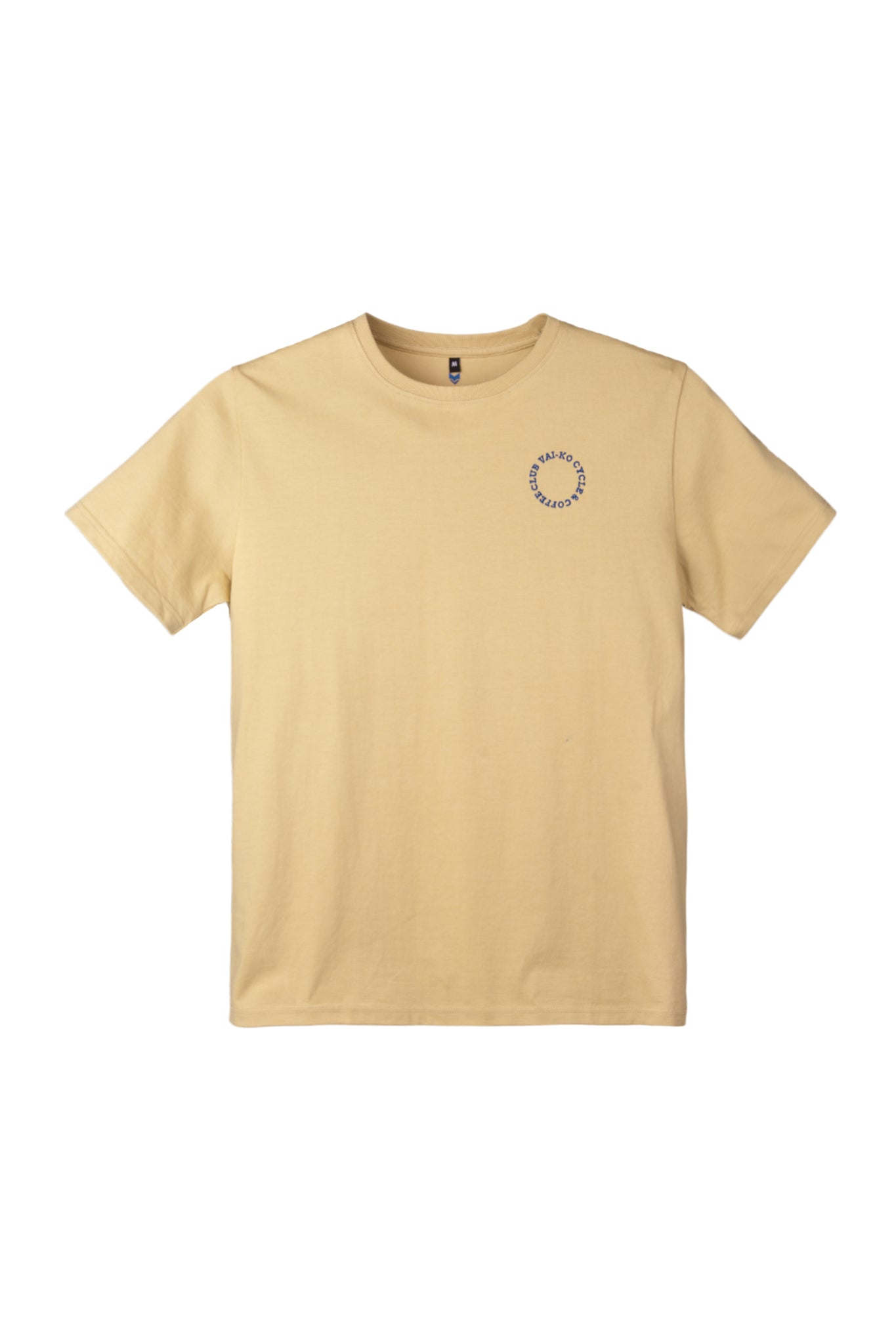 Beige short-sleeve t-shirt with a small circular logo on the upper left chest.