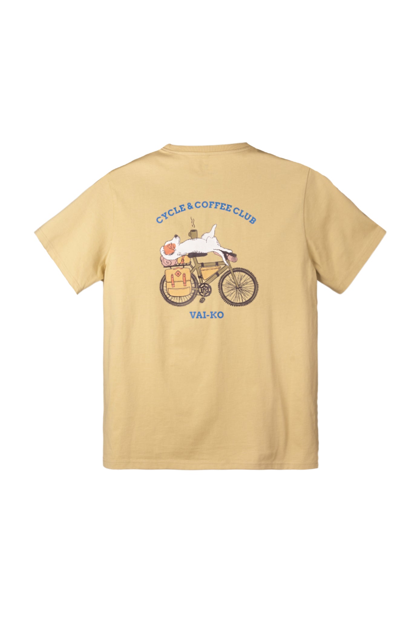 Beige T-shirt with a graphic of a cat on a bicycle and text: CYCLE & COFFEE CLUB VAI-KO on the back.