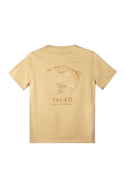 Beige t-shirt with an illustration of a fish and a fly, and the text VAI-KO Finn Nature’s Wildness on the back.