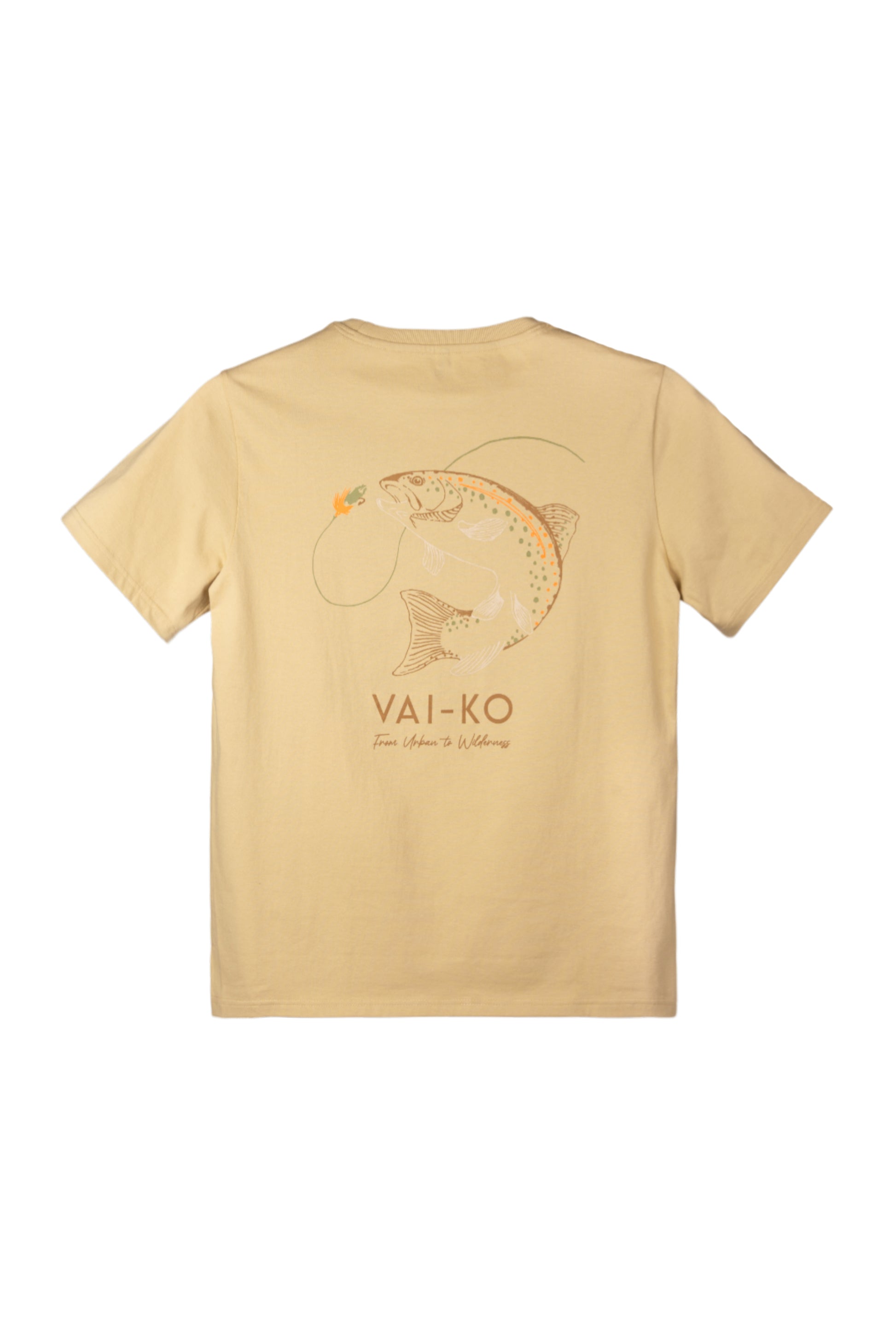 Beige t-shirt with an illustration of a fish and a fly, and the text VAI-KO Finn Nature’s Wildness on the back.