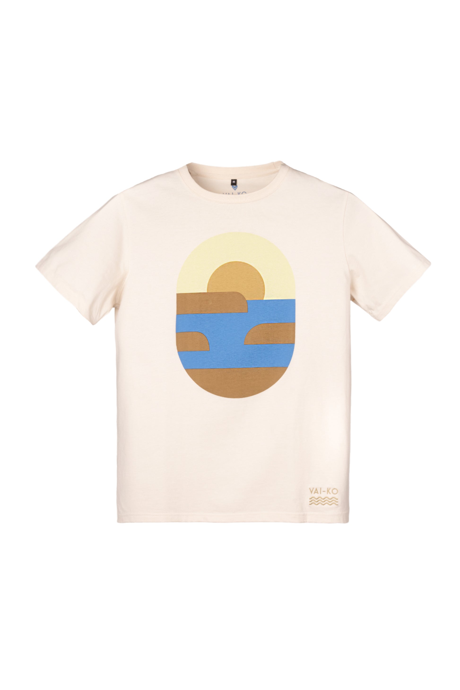 Beige t-shirt with a stylized graphic of a sunset over water in yellow, blue, and brown tones.