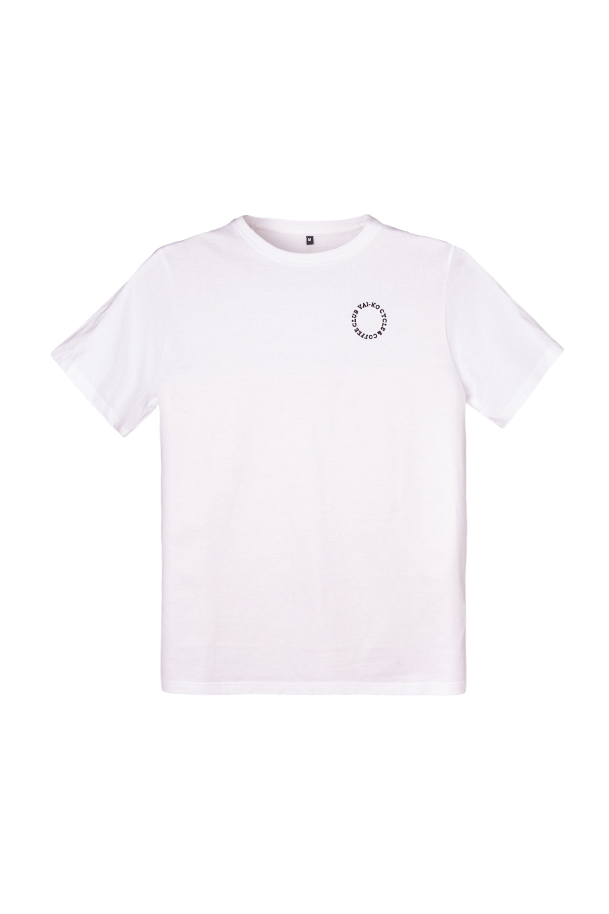 Plain white short-sleeve t-shirt with a small circular logo near the left chest area.