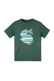 Green t-shirt with a colorful fish graphic and the word VAI-KO printed below the fish.