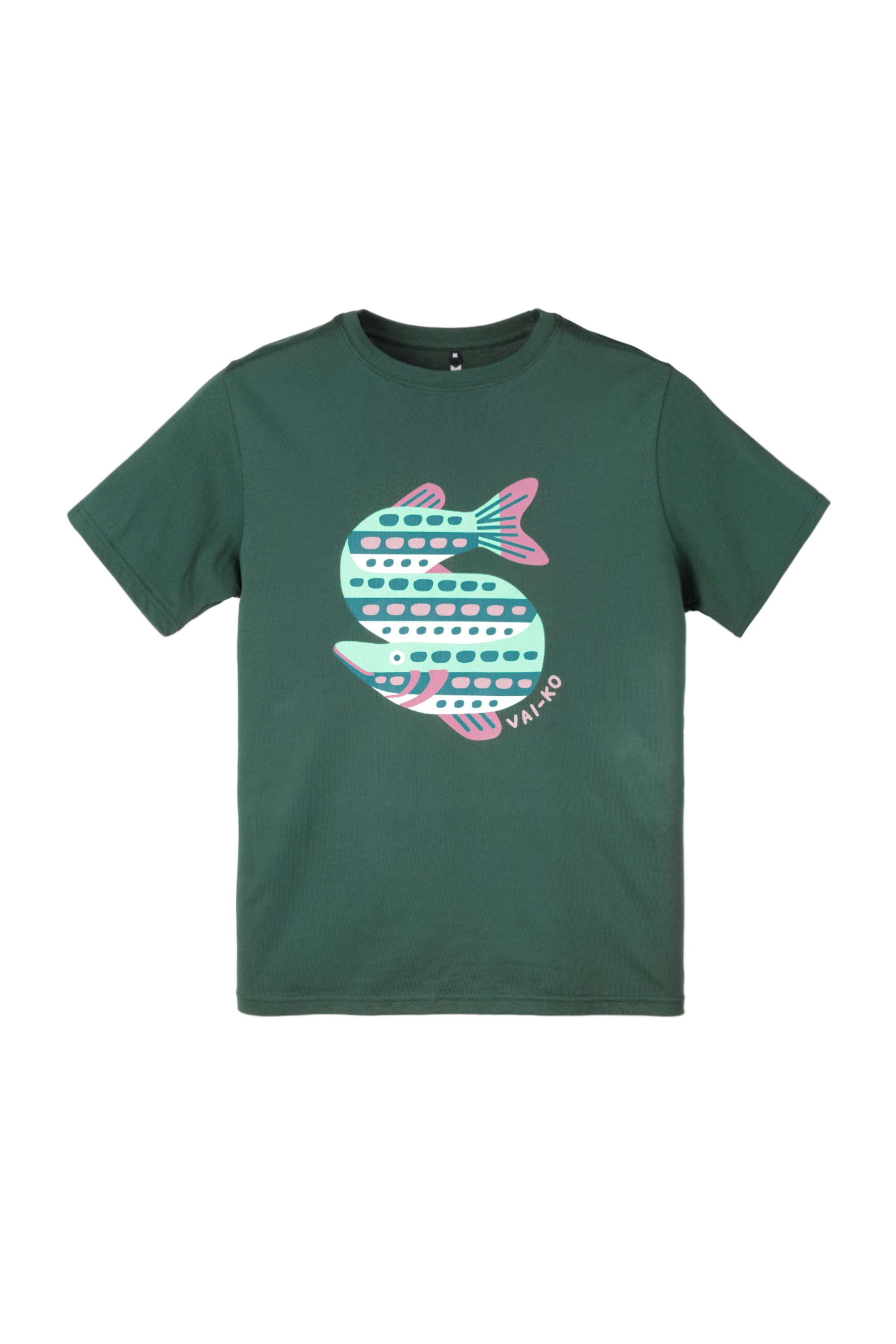 Green t-shirt with a colorful fish graphic and the word VAI-KO printed below the fish.