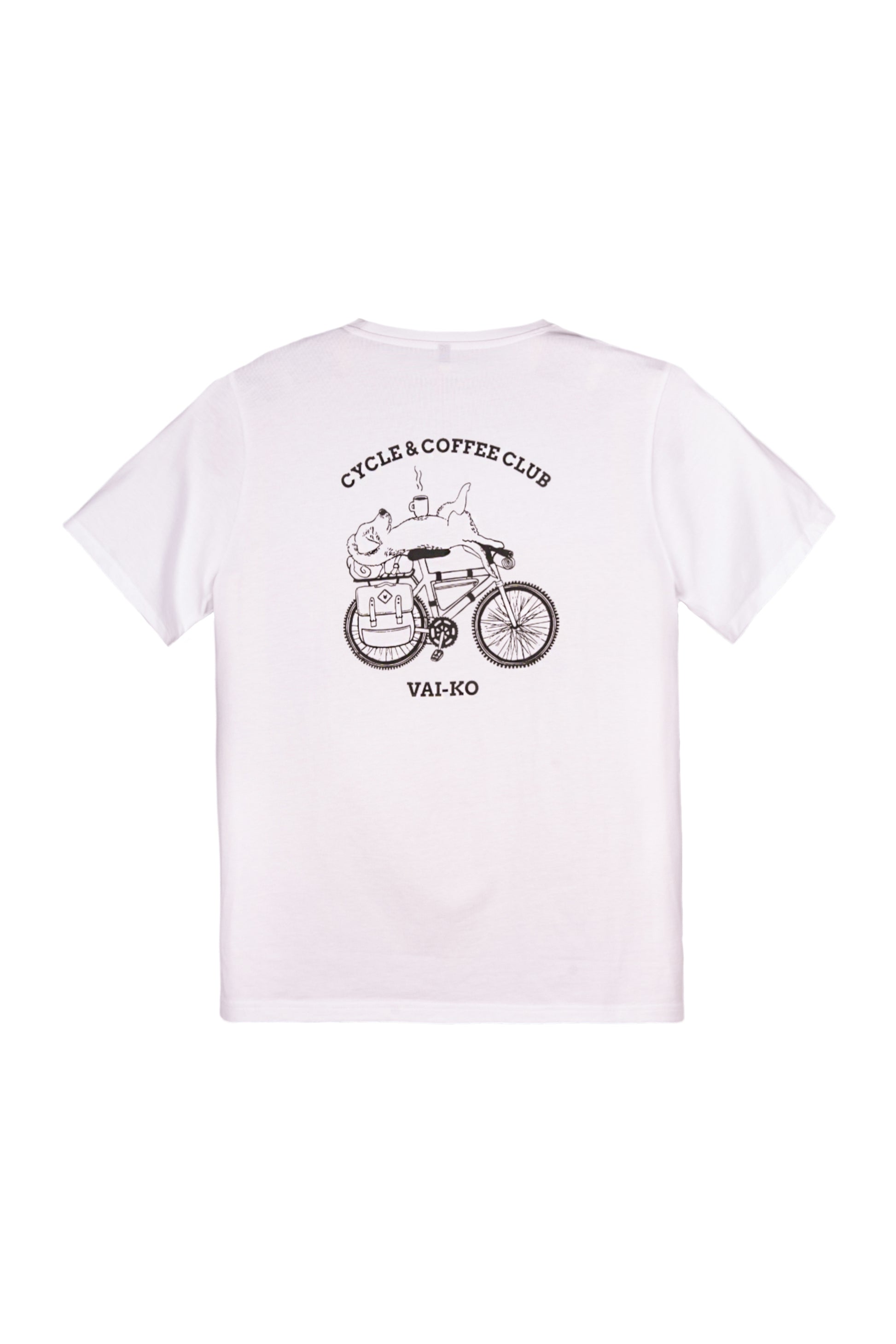 White T-shirt with a black line drawing of a bike, coffee cup, and text Cycle & Coffee Club, VAI-KO on the back.