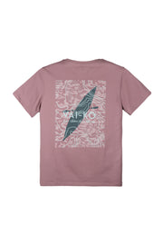 Mauve t-shirt with abstract topographic map design and Waiko by Ulianas Surf Shop text on the back.