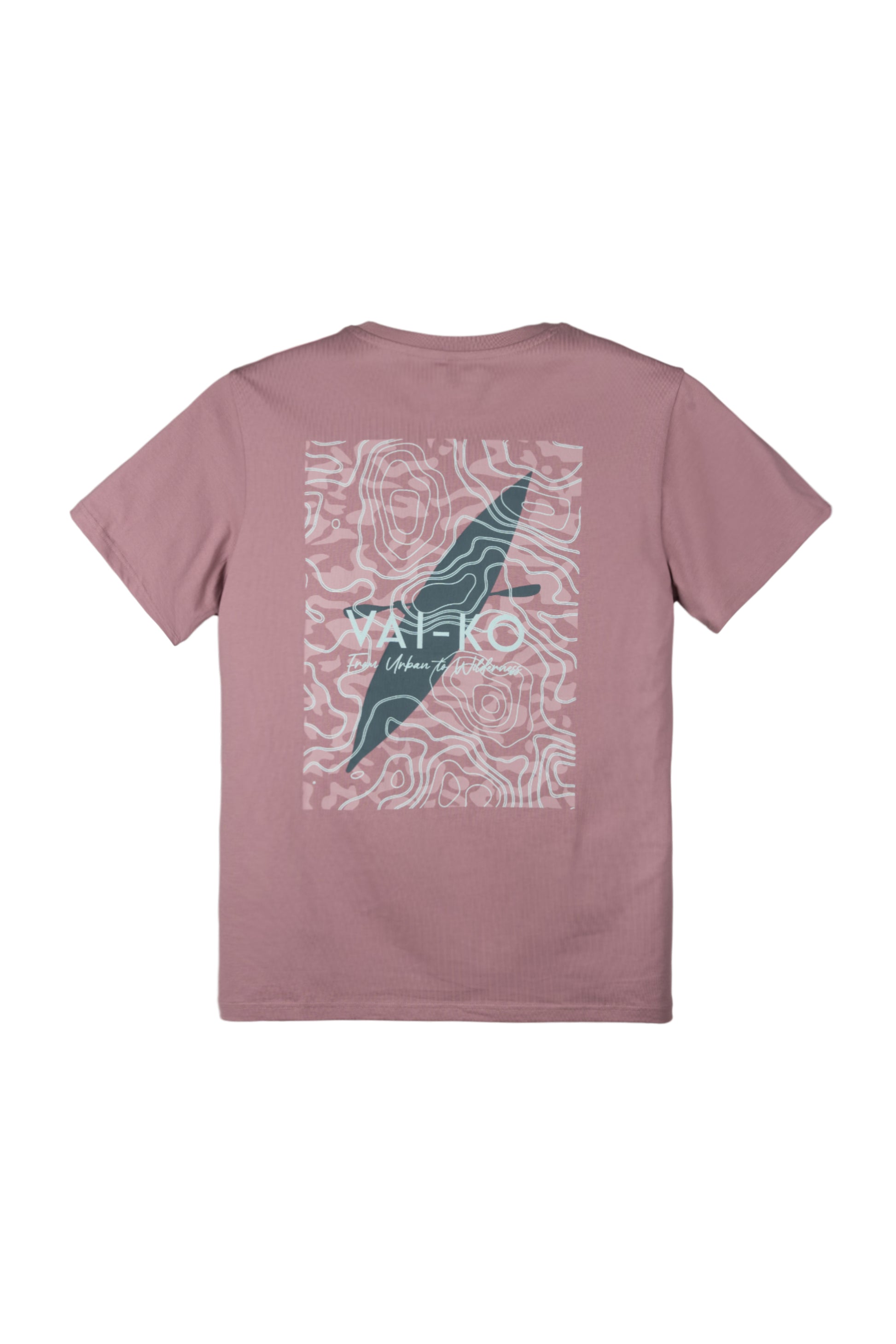 Mauve t-shirt with abstract topographic map design and Waiko by Ulianas Surf Shop text on the back.