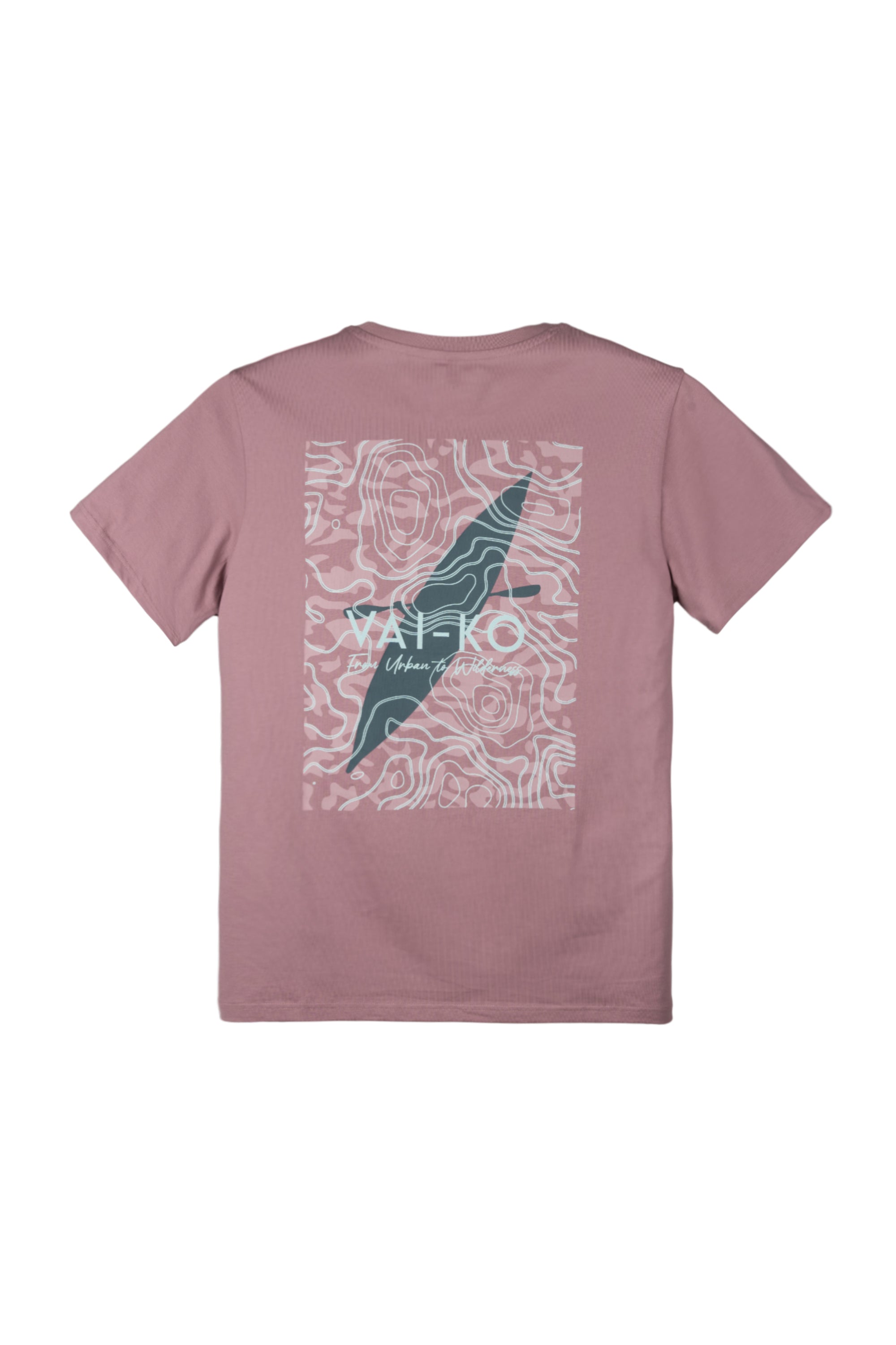 Mauve t-shirt with abstract topographic map design and Waiko by Ulianas Surf Shop text on the back.