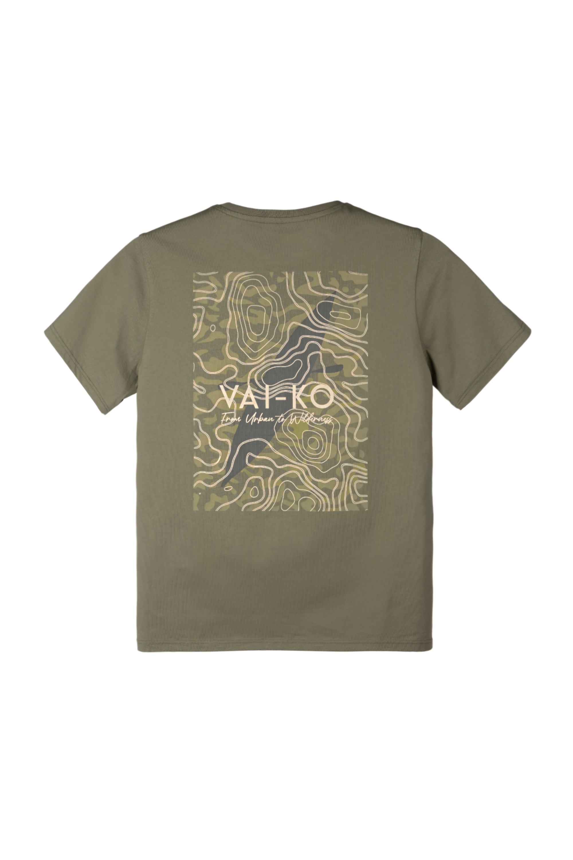 Olive green t-shirt with a topographic map graphic and VAIKO Get Where You Belong text on the back.