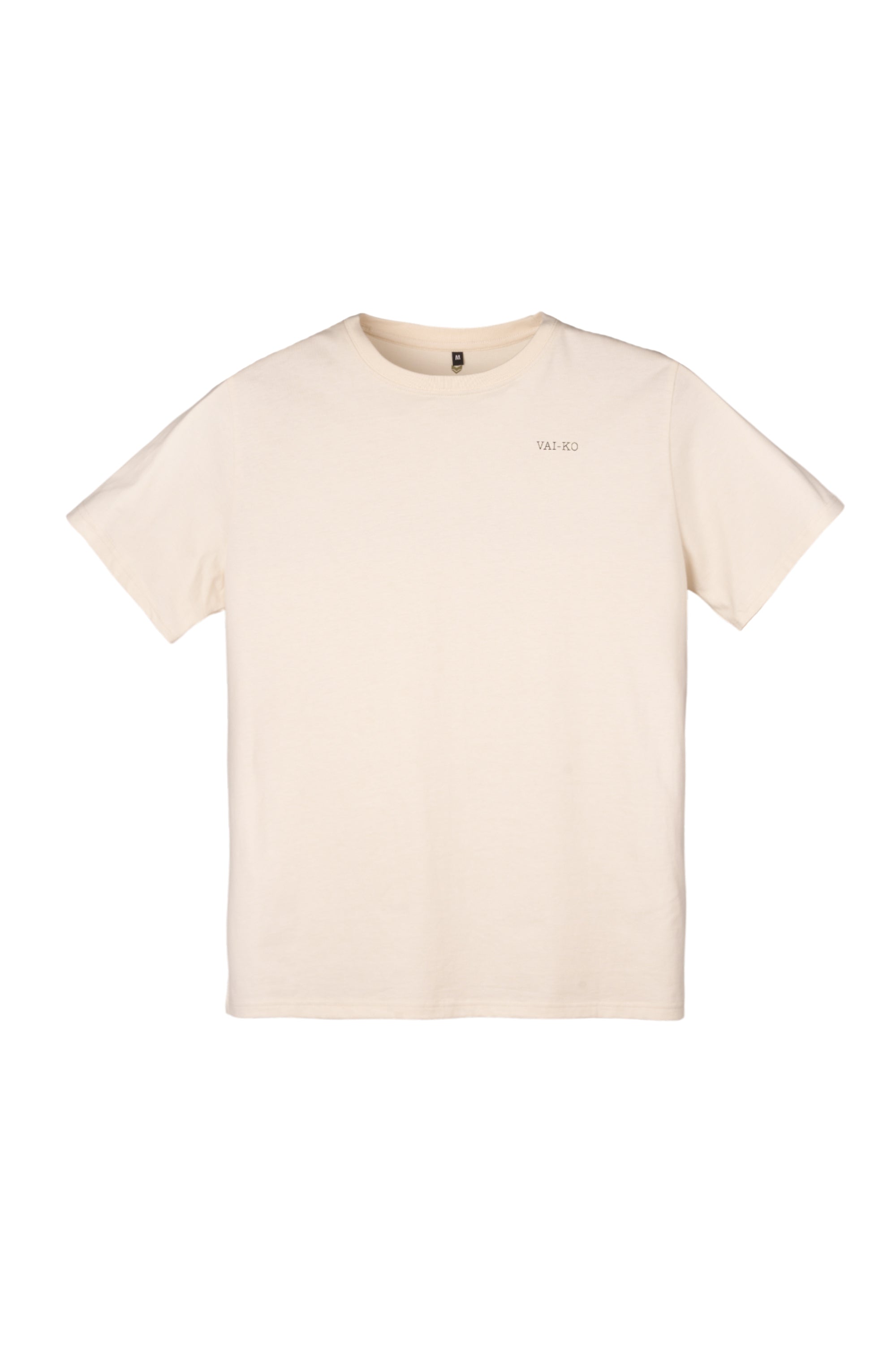 Plain off-white short-sleeve t-shirt with a small YAI:KO logo on the upper left chest.