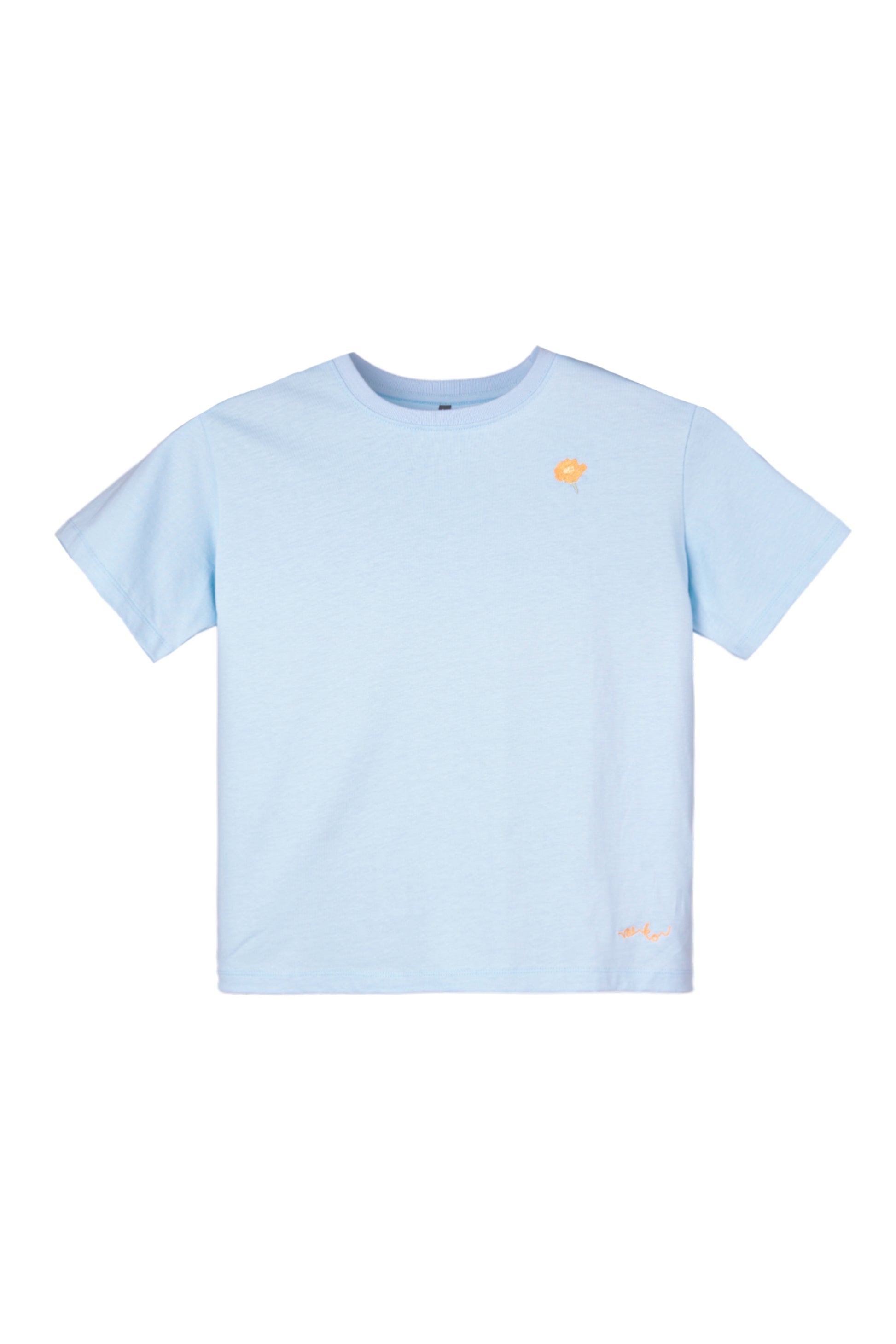 Light blue short-sleeve t-shirt with a small orange fish graphic on the left chest.