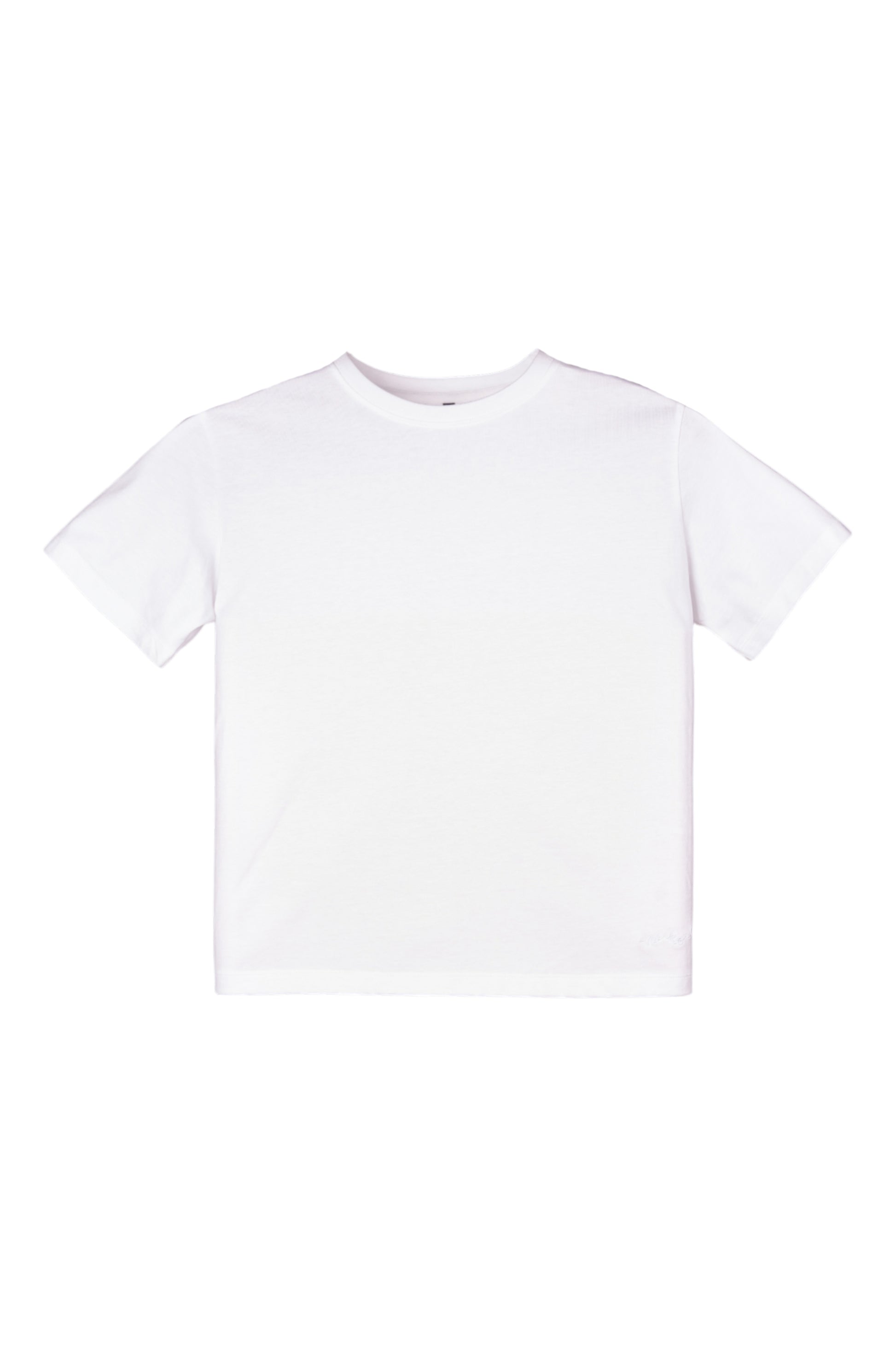 Plain white short-sleeve crew neck t-shirt displayed on a white background.