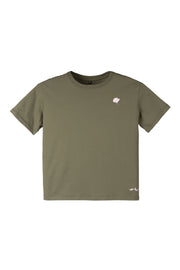Olive green t-shirt with a small white flower graphic on the left chest and a small white script near the hem.