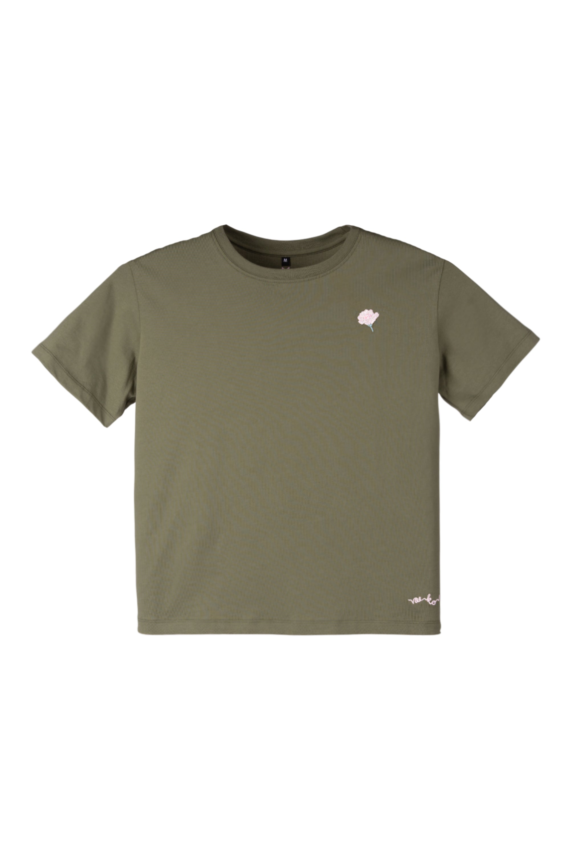 Olive green t-shirt with a small white flower graphic on the left chest and a small white script near the hem.