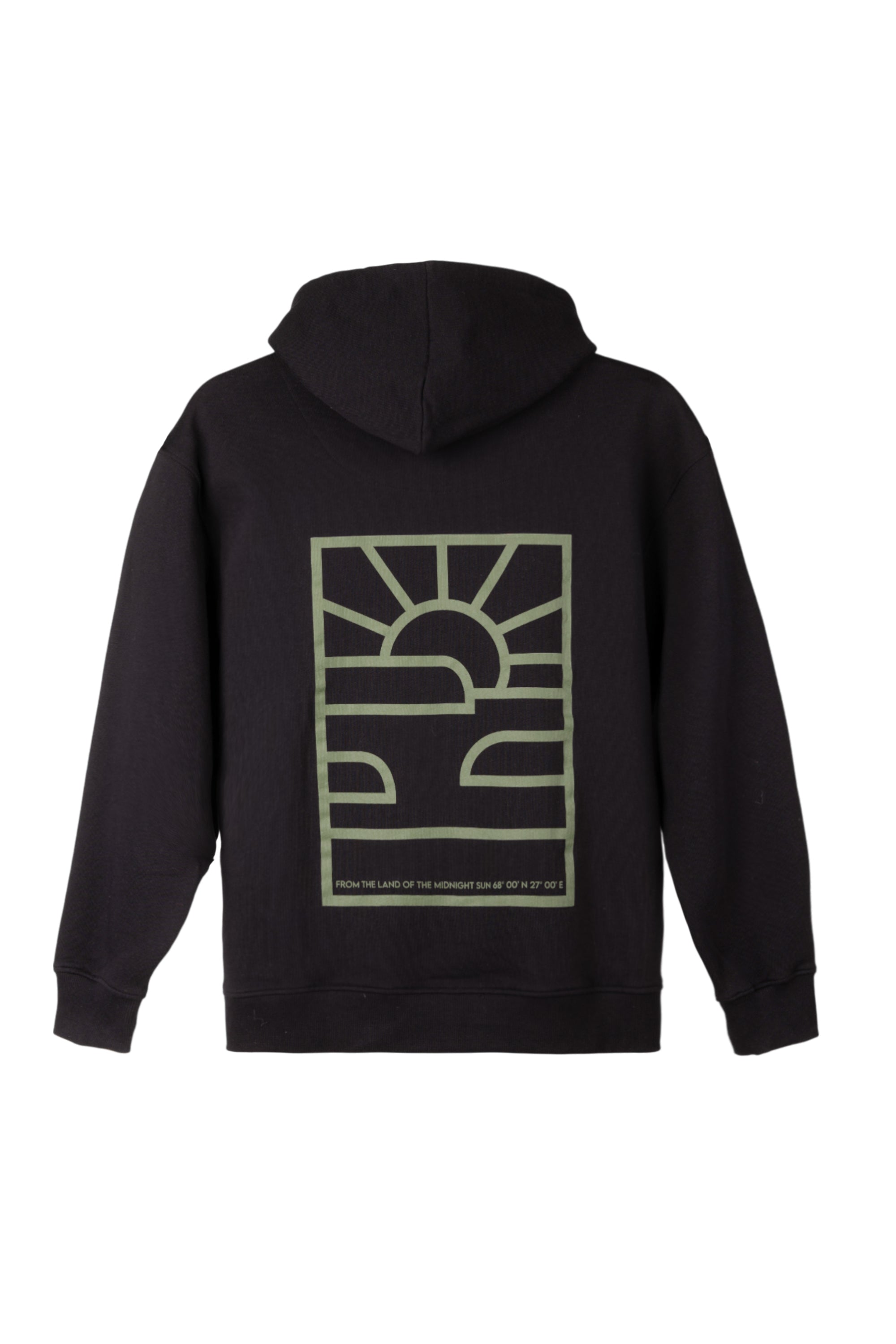 Black hoodie with a large green sunrise graphic and text on the back.