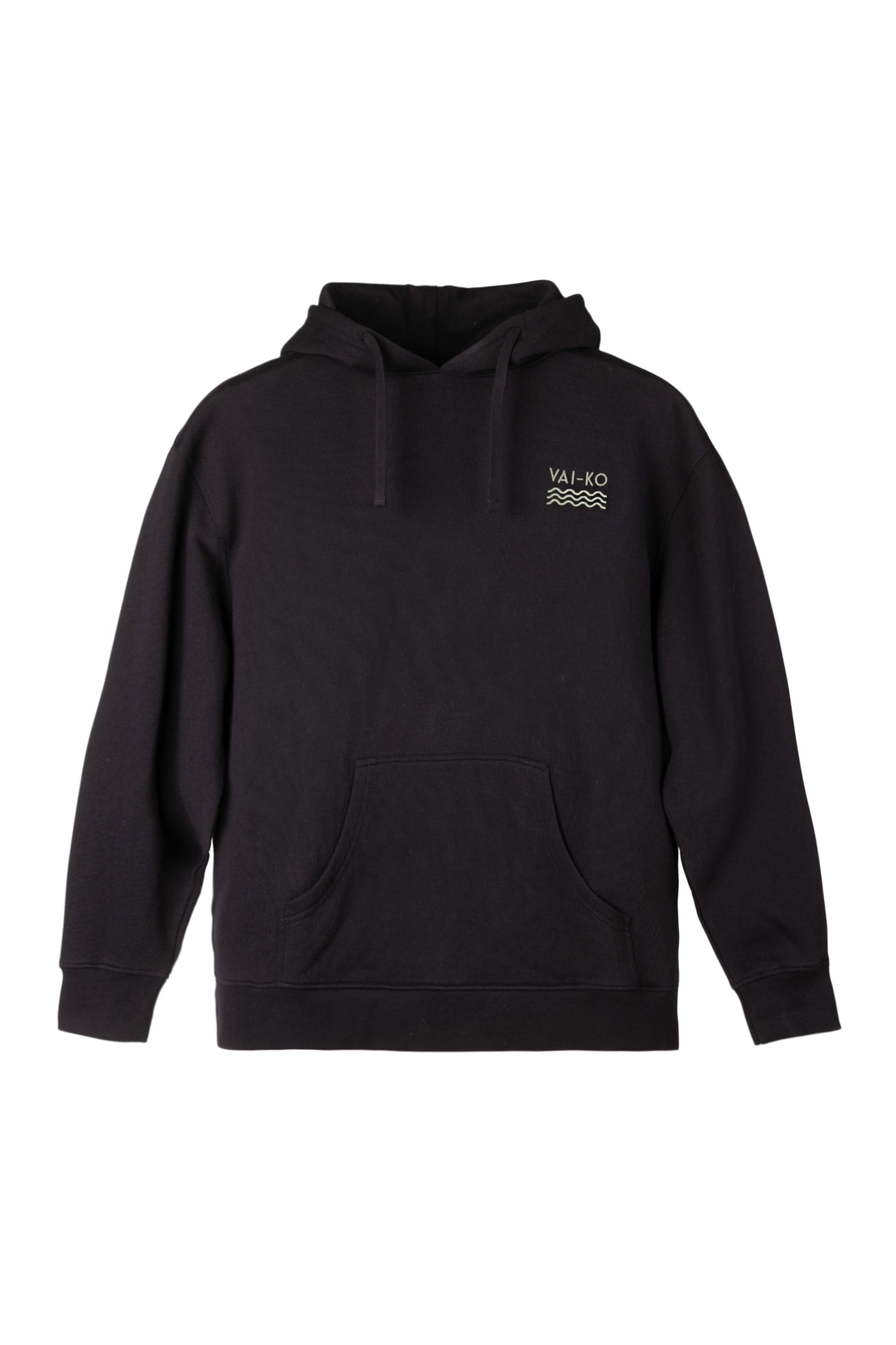 Black hooded sweatshirt with front pocket and small VAI-KØ logo on the left chest.
