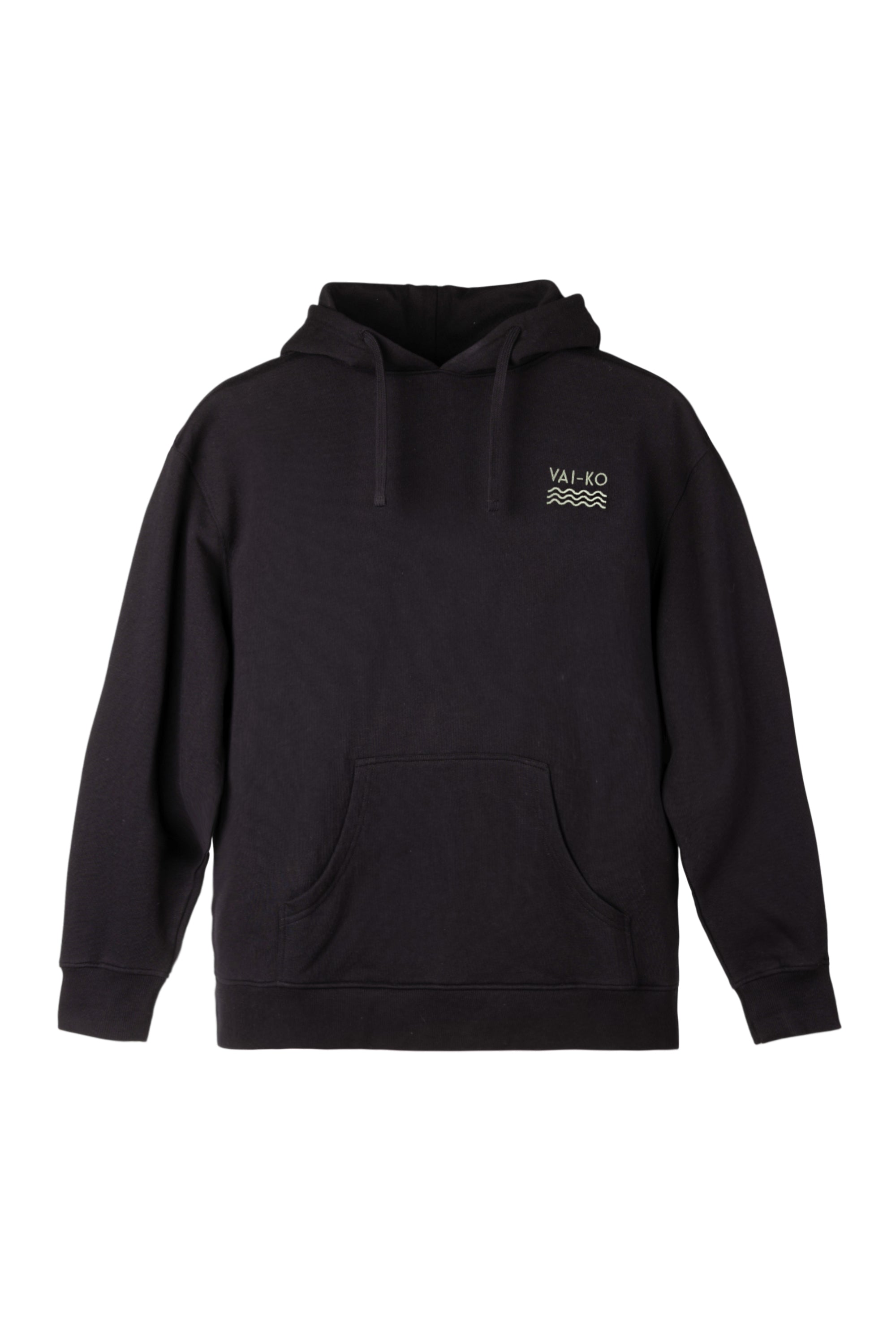 Black hooded sweatshirt with front pocket and small VAI-KØ logo on the left chest.