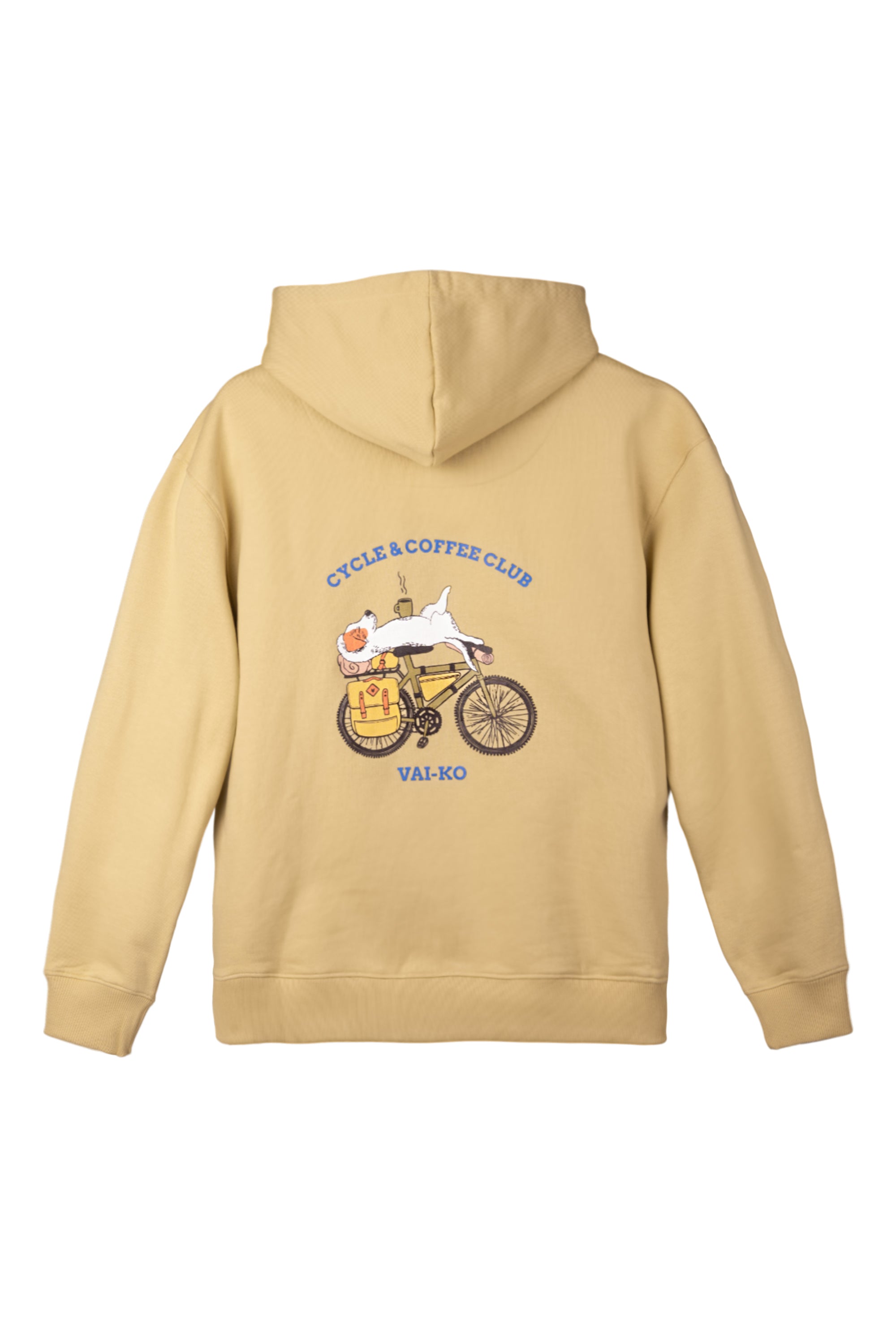 Tan hoodie with an illustration of a cat on a bicycle, text reads “Cycle & Coffee Club VAI-KO” on the back.