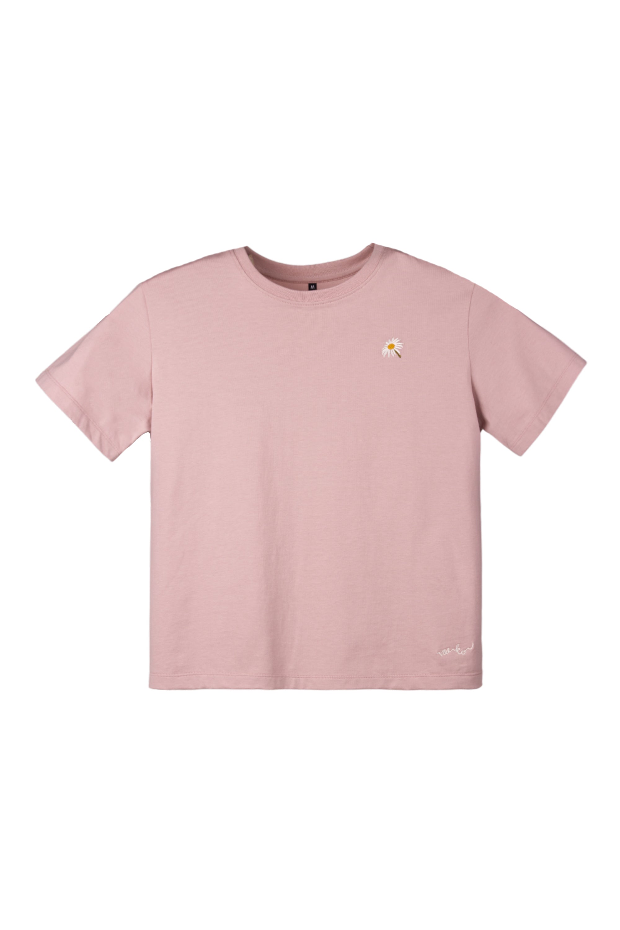 Light pink short-sleeve t-shirt with a small embroidered daisy on the left chest.