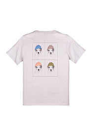 Light gray t-shirt with four sketched dogs wearing colorful hats printed on the back.