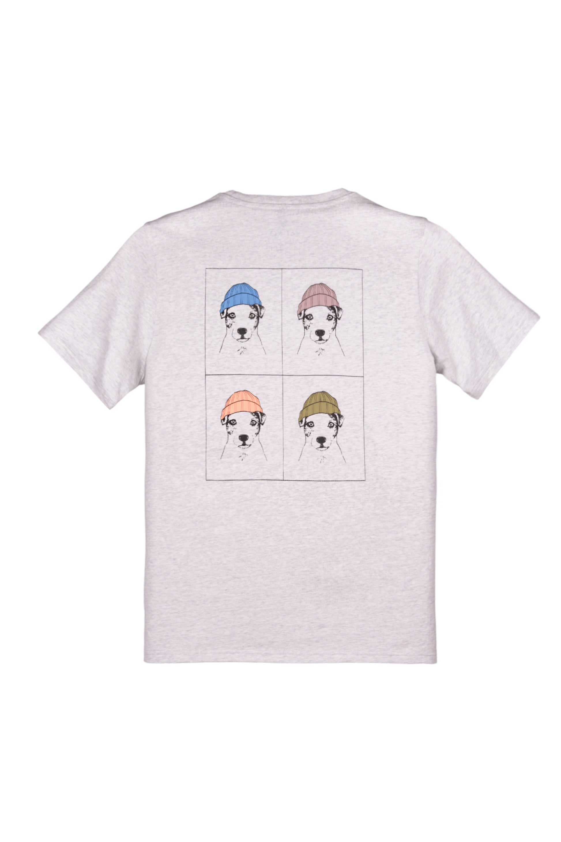 Light gray t-shirt with four sketched dogs wearing colorful hats printed on the back.