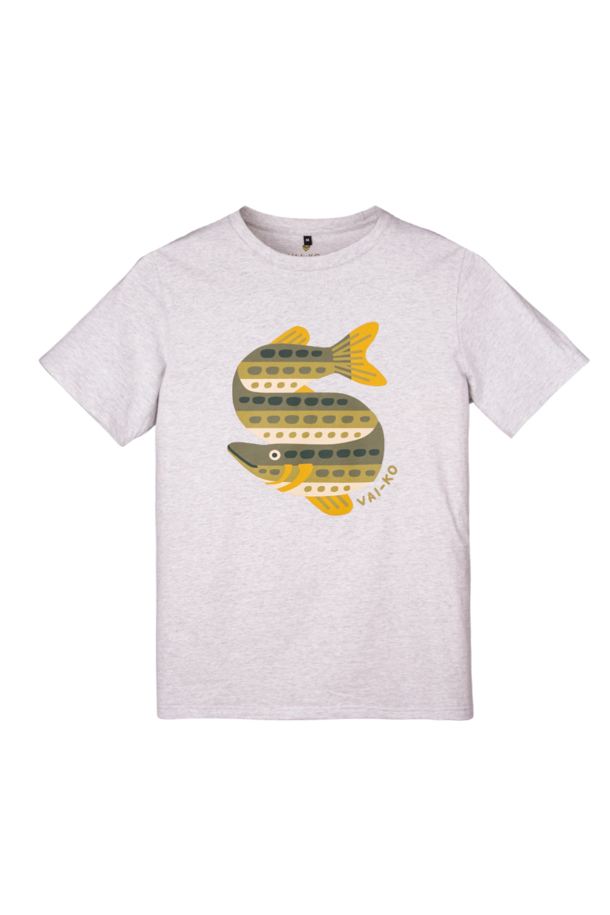 Light gray t-shirt featuring a stylized green and yellow fish graphic with the word “VAHKO.”.