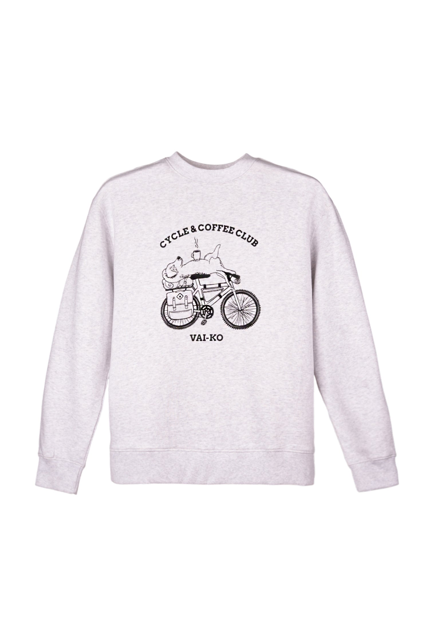 Light gray sweatshirt with a black line drawing of a bike, coffee cup, and text CYCLE & COFFEE CLUB VAI-KO.