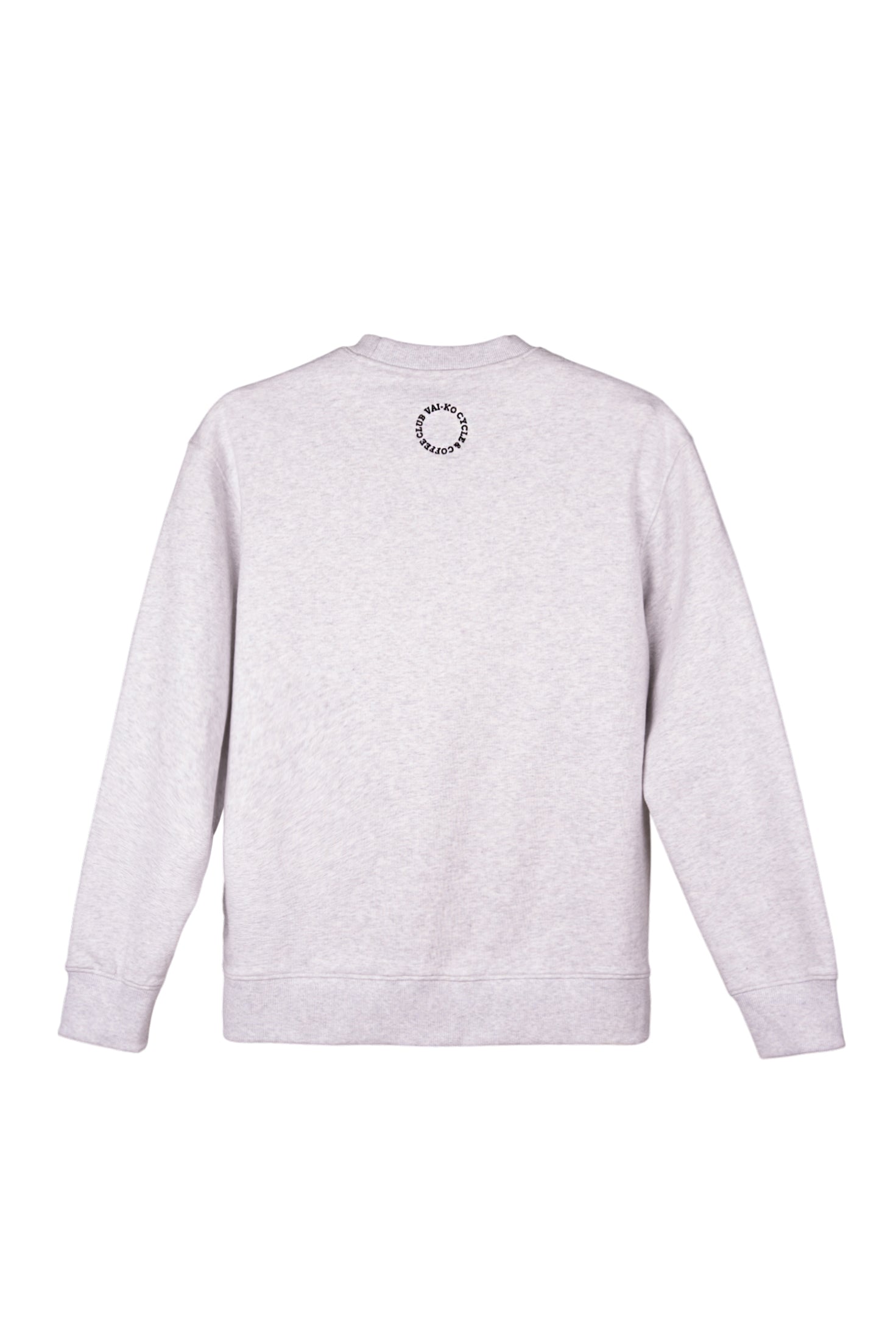 Light gray crewneck sweatshirt shown from the back, with a small black circular logo near the neckline.