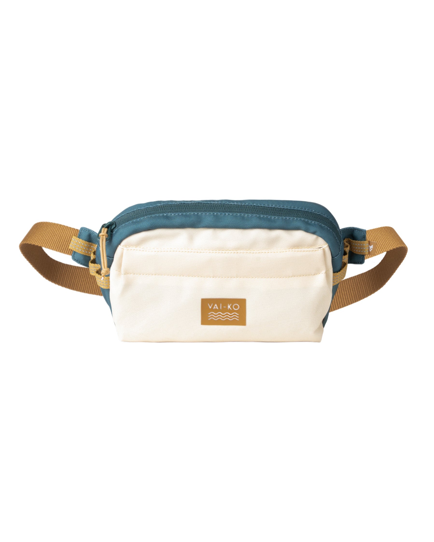 Cream and teal waist bag with a brown strap and a rectangular VAU-KO logo on the front pocket.