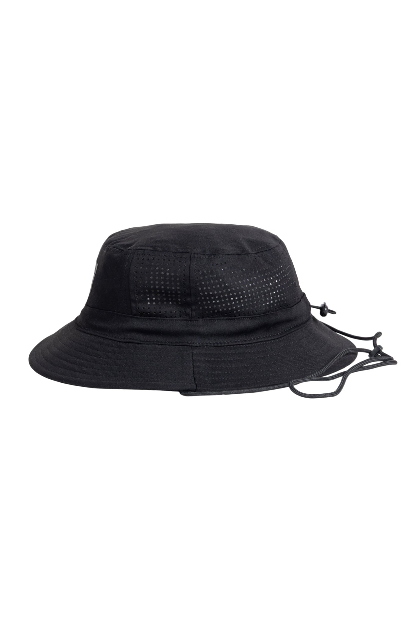 Black bucket hat with vent holes and an adjustable chin strap, displayed on a white background.
