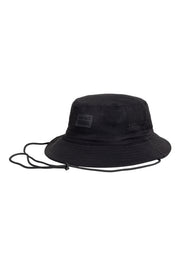 Black wide-brim bucket hat with chin strap and mesh side panel, displayed on a white background.
