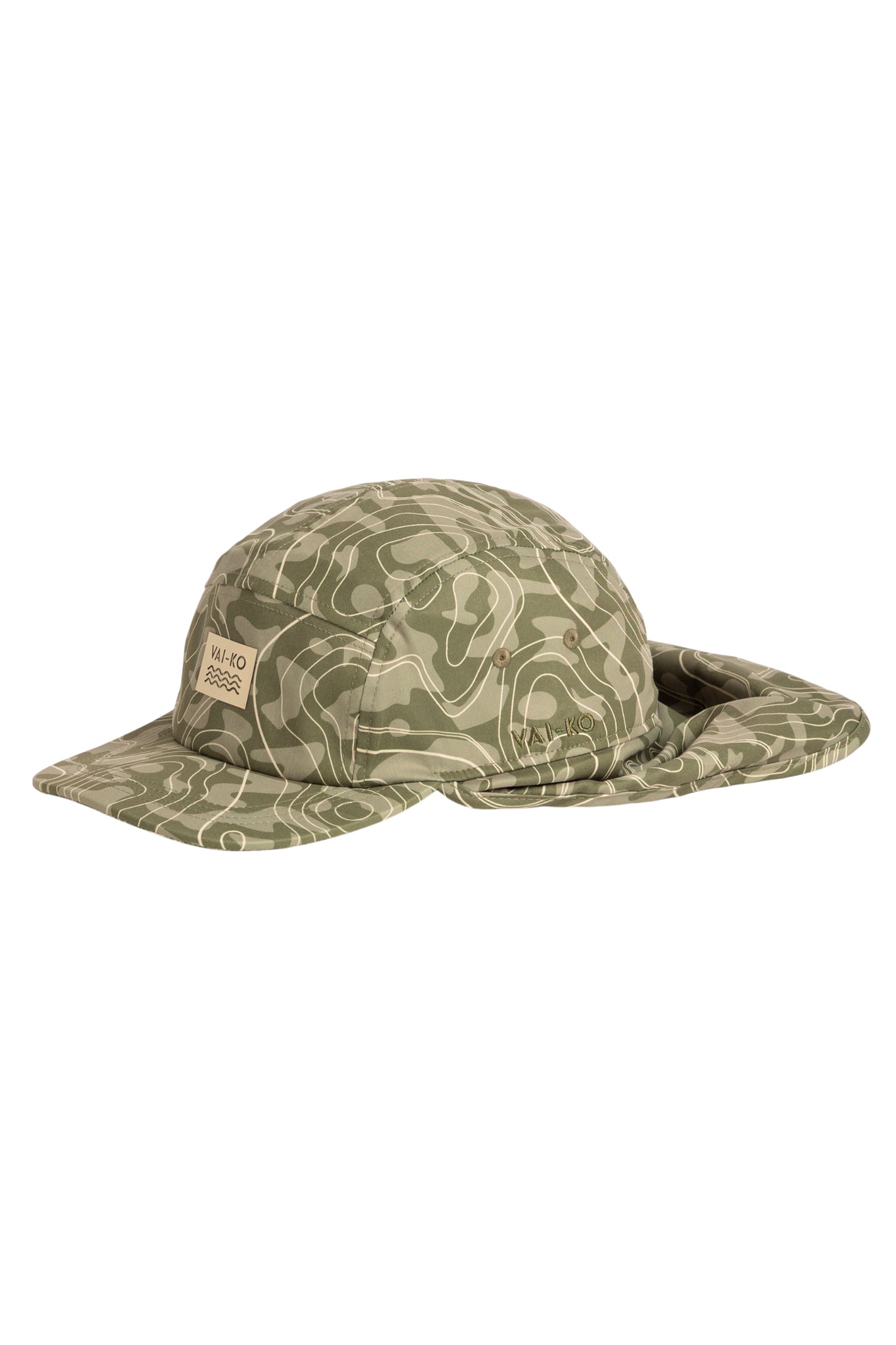 Light green hat with abstract line pattern and extended neck flap, featuring a small rectangular patch on the front.