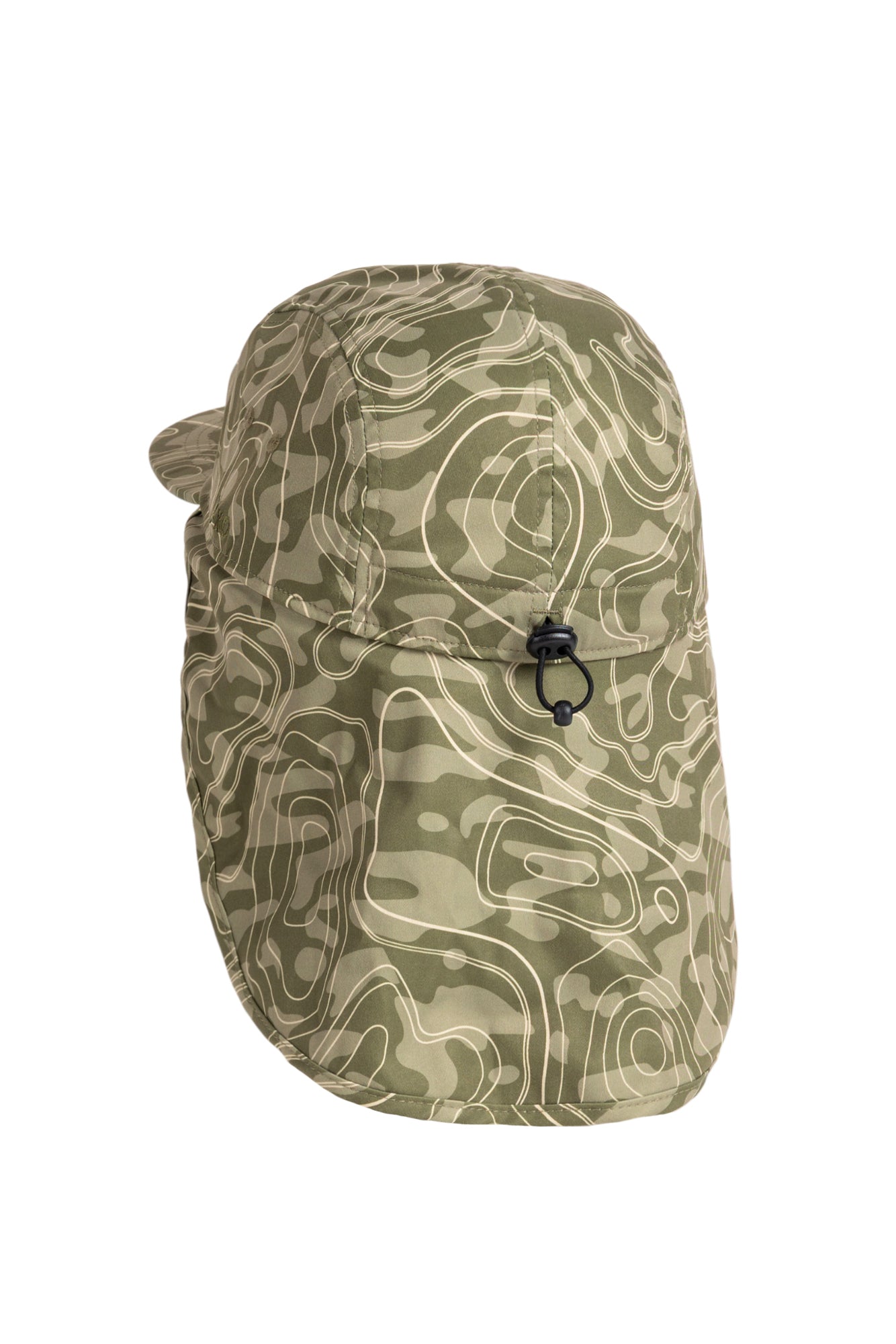Green camo hat with topographic map pattern and an adjustable drawstring at the back.