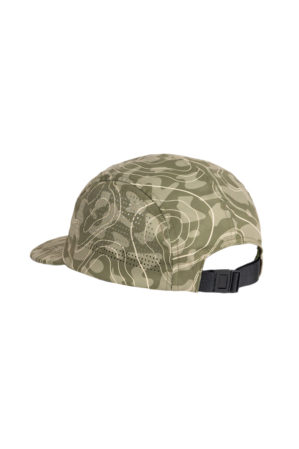Green camo-patterned cap with a curved brim and an adjustable black strap at the back.