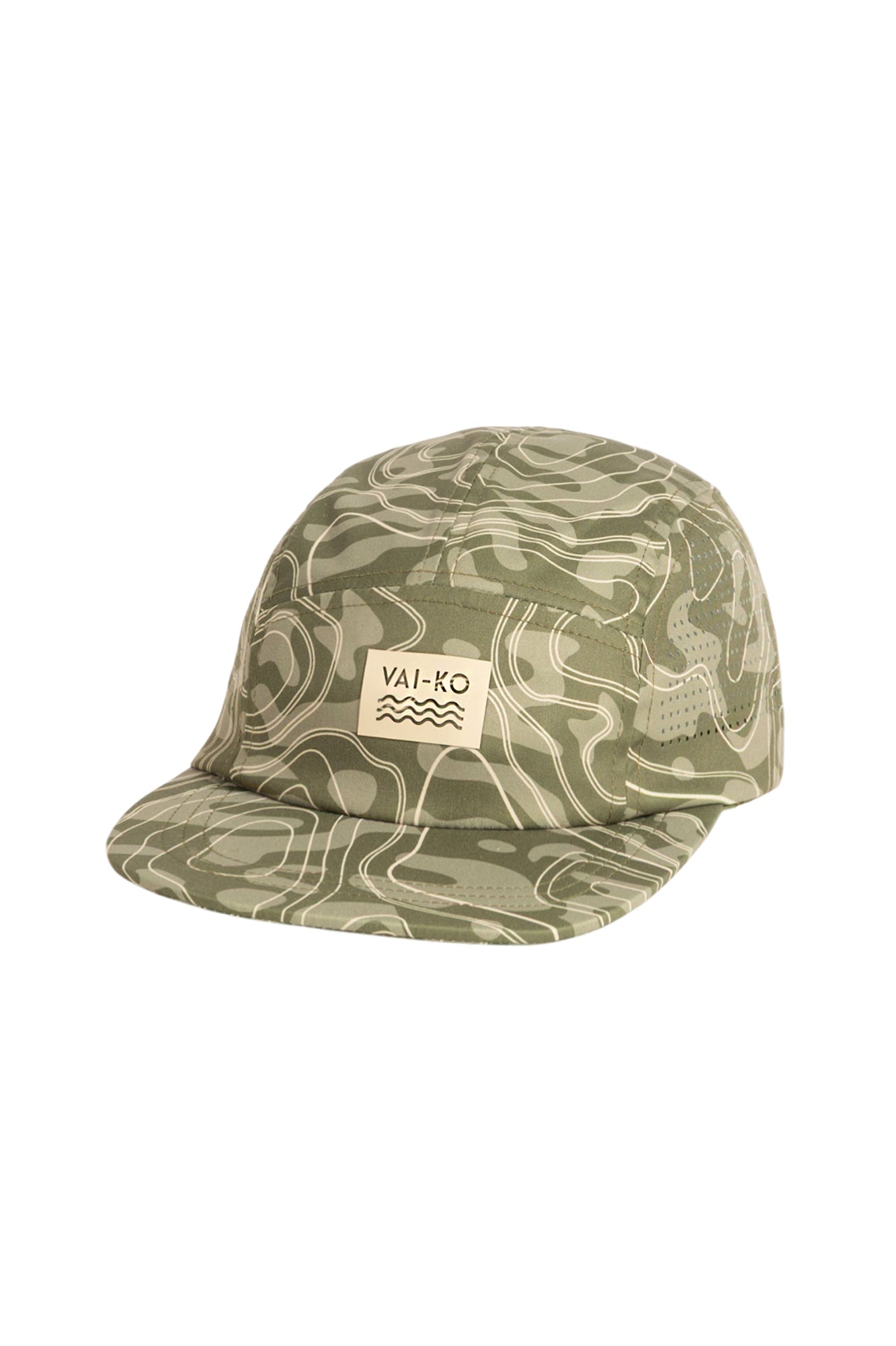 Green camouflage cap with a topographic pattern and a beige VAI-KO patch on the front.