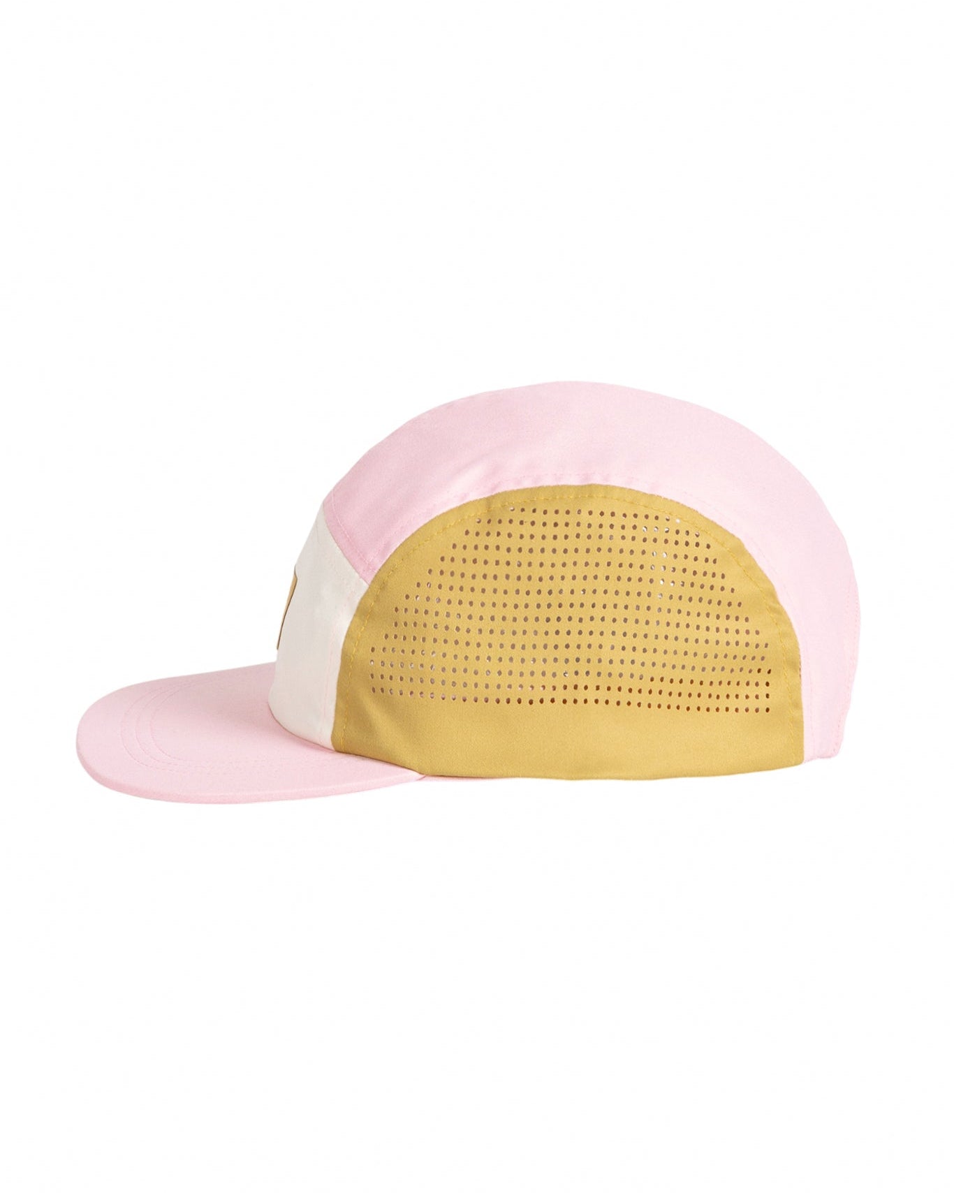 A pink and beige cap with perforated side panels, viewed from the side on a white background.