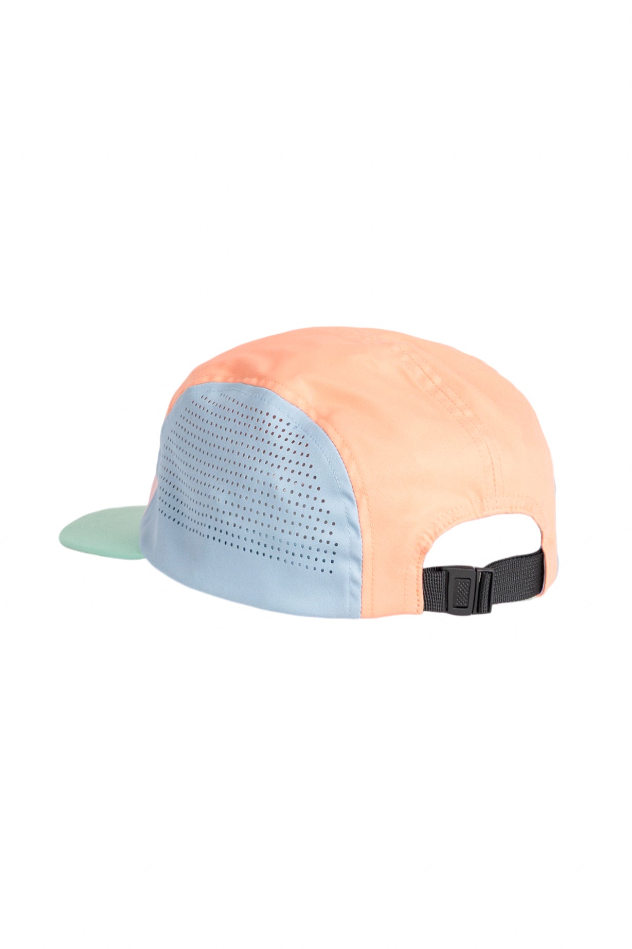 A pastel orange and blue cap with a mint green brim and adjustable black strap at the back.
