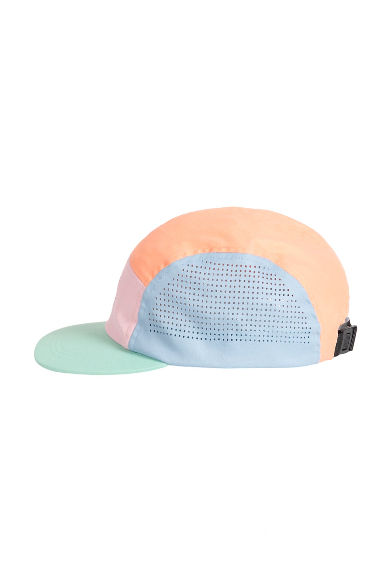Color-blocked cap with pastel orange, pink, blue panels and a light green brim, shown in a side view.