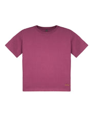 Plain short-sleeve purple T-shirt with a small yellow logo on the lower left side.