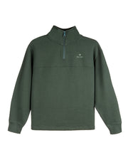 Dark green quarter-zip pullover with a high collar and subtle logo on the left chest.