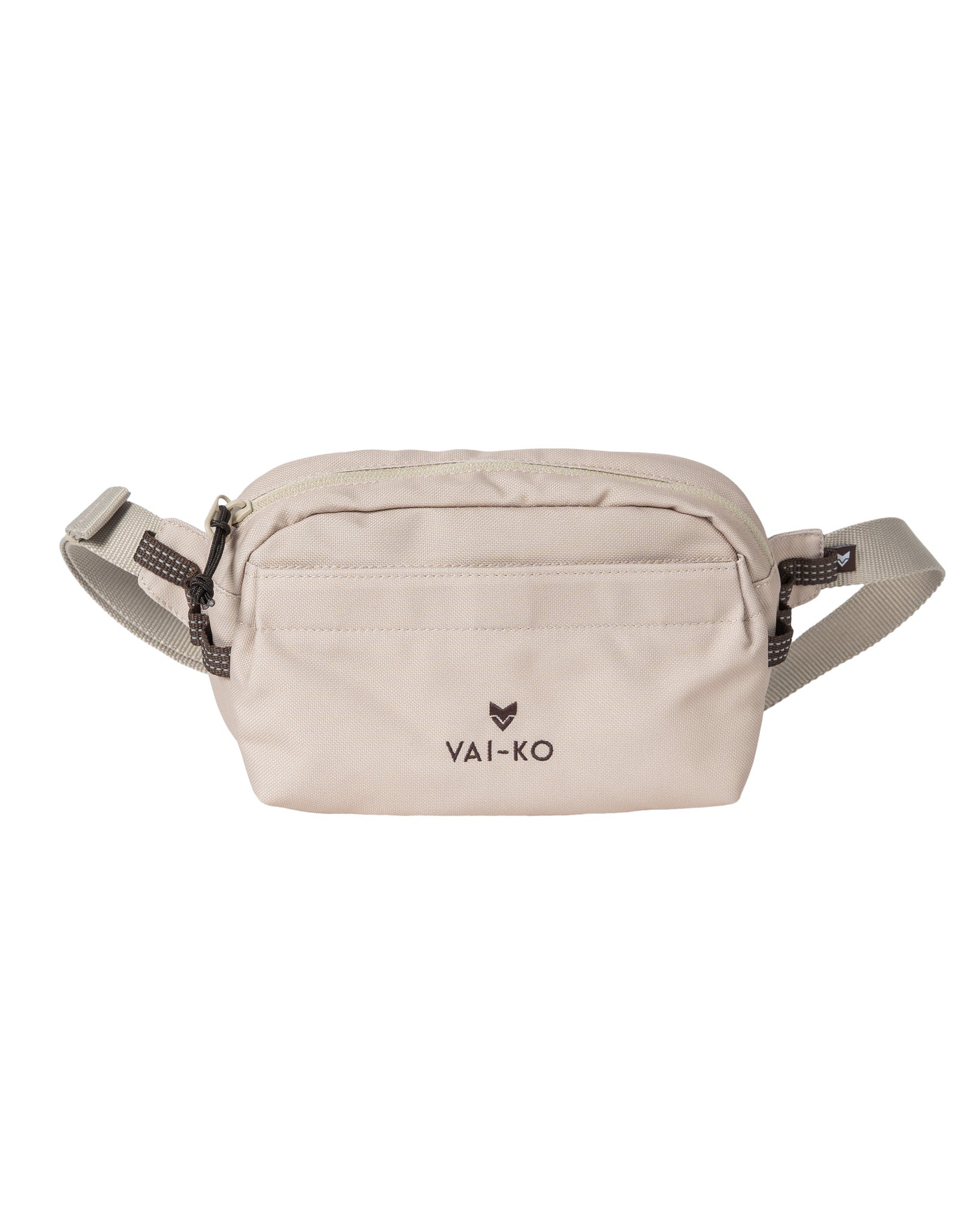Beige waist bag with zipper and VAI-KO logo on front, adjustable strap on each side, white background.