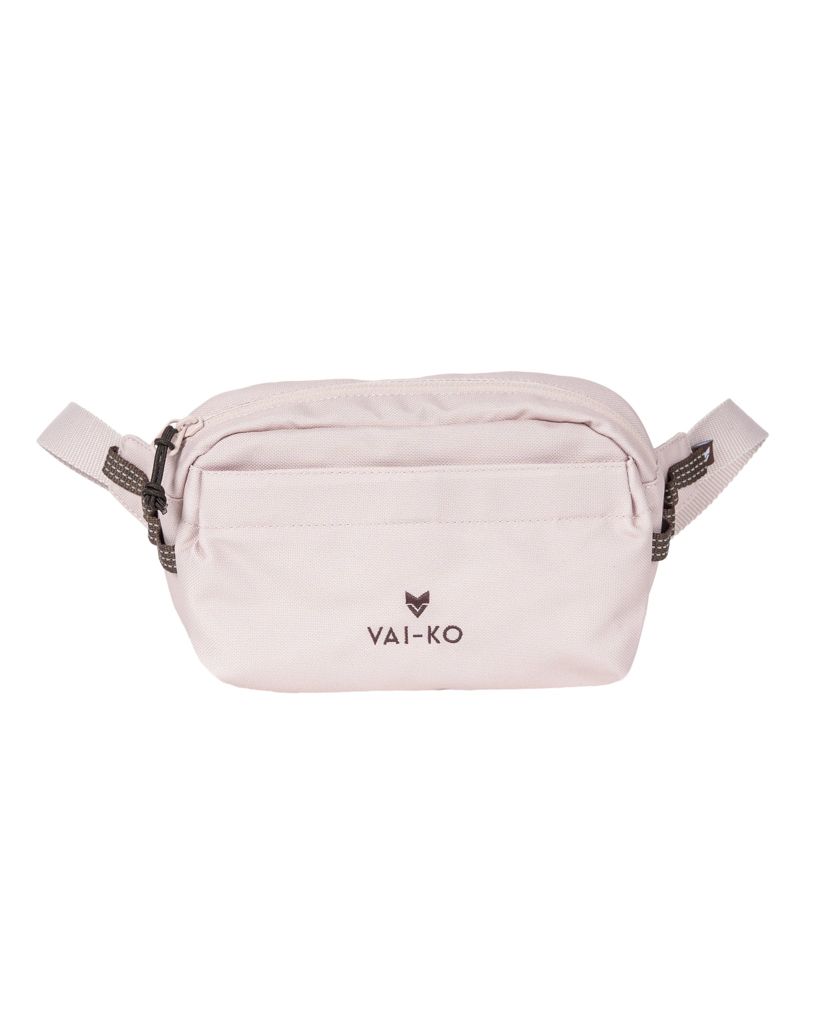 Light pink waist bag with VAI-KO logo, front zipper pocket, and adjustable straps shown on white background.