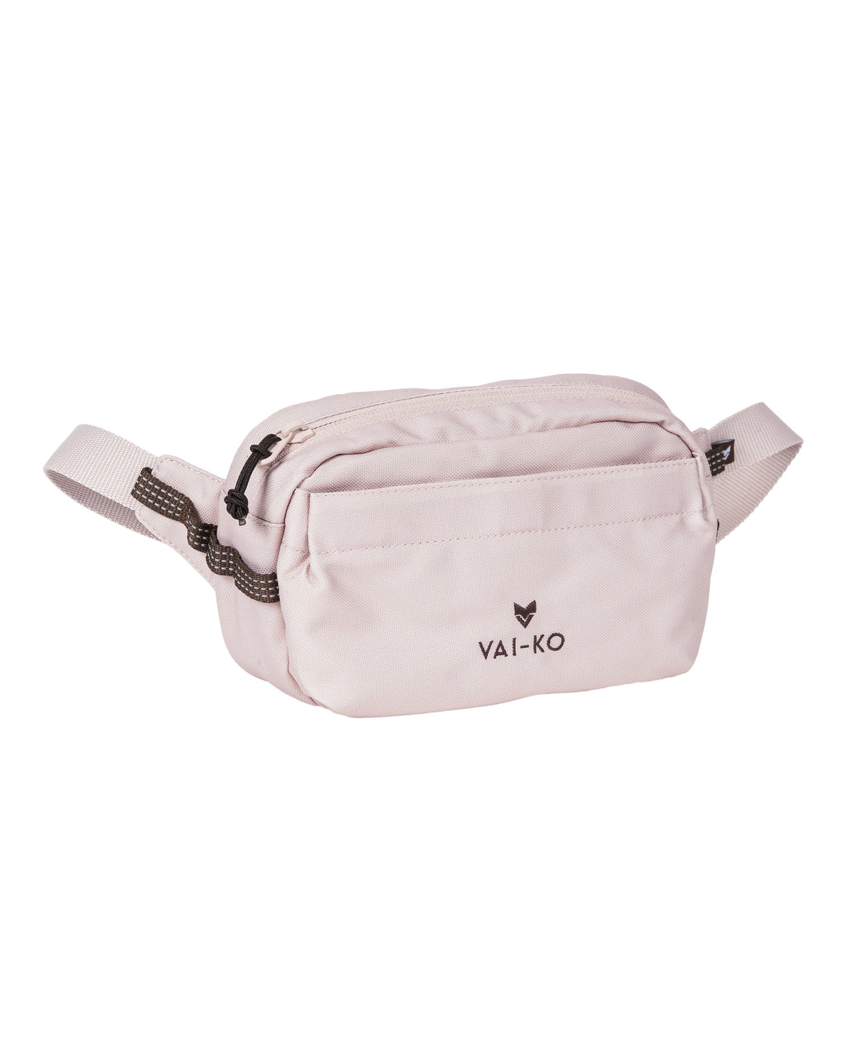 Light pink Vai-Ko waist bag with black zipper and adjustable strap against a white background.